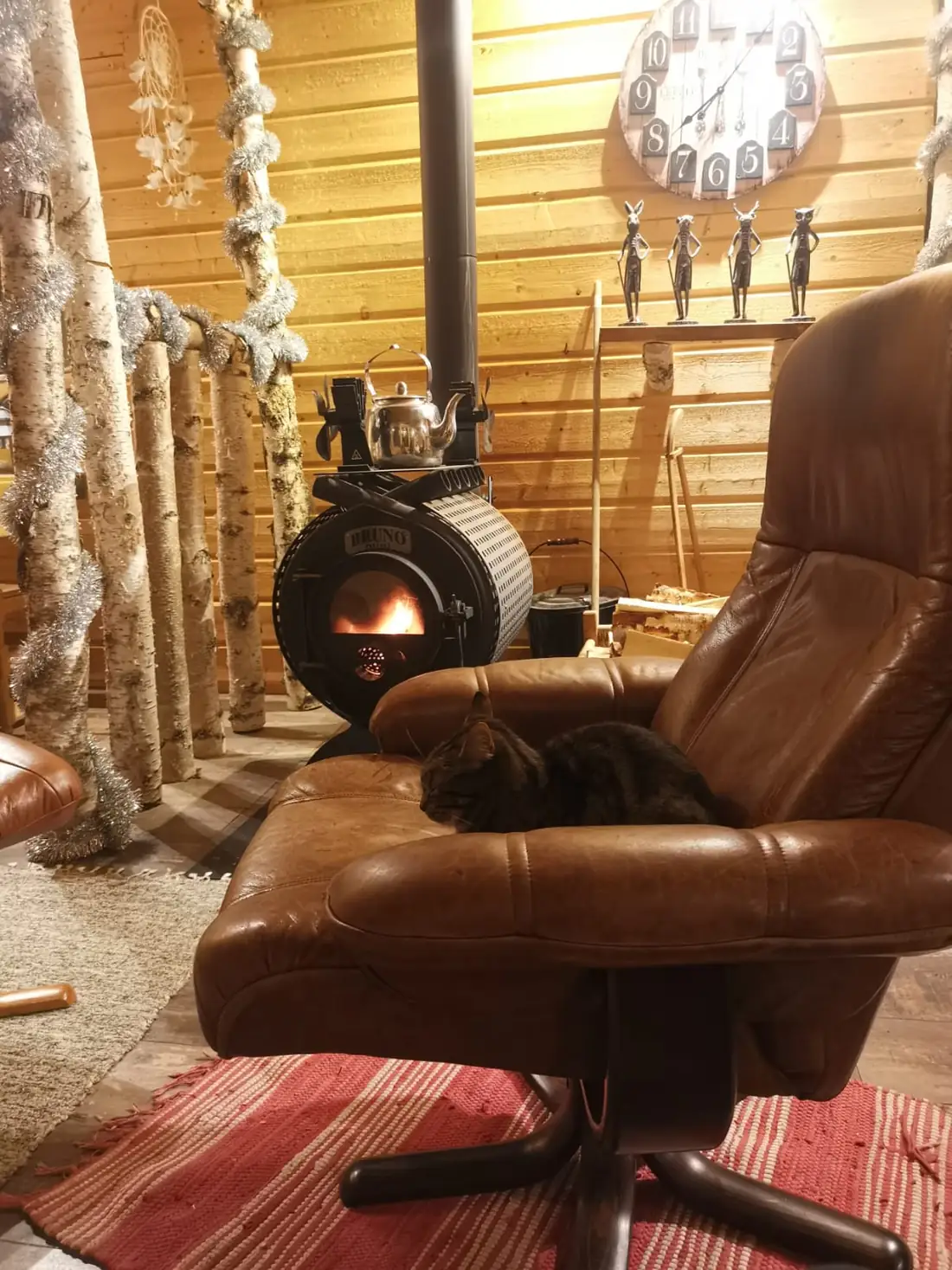 Intérieur cosy du chalet : poêle à bois allumé, fauteuil en cuir et chat endormi