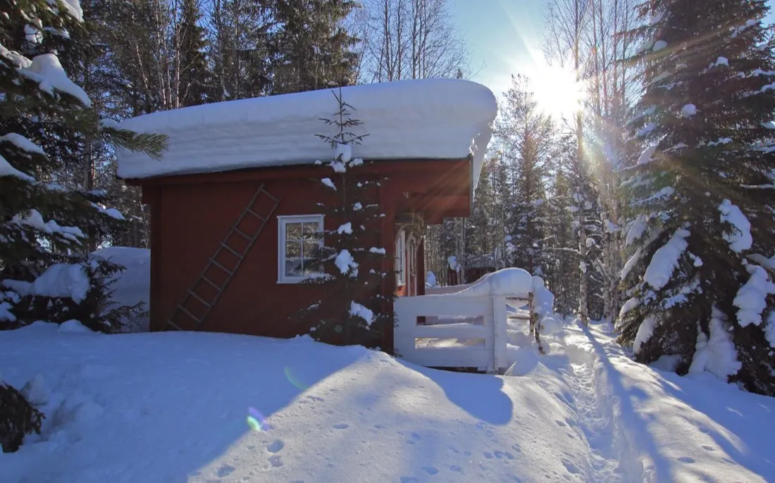 Chalet rouge enneigé traversé par le soleil rasant entre les sapins givrés
