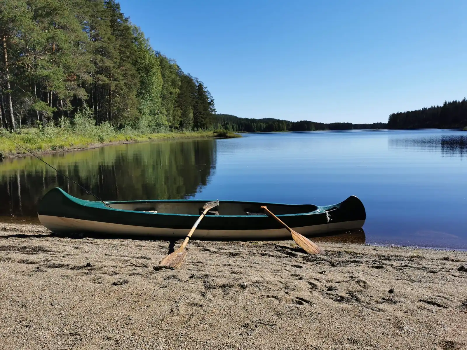 Canoë vert posé sur une plage de sable au bord d'un lac paisible bordé de forêts