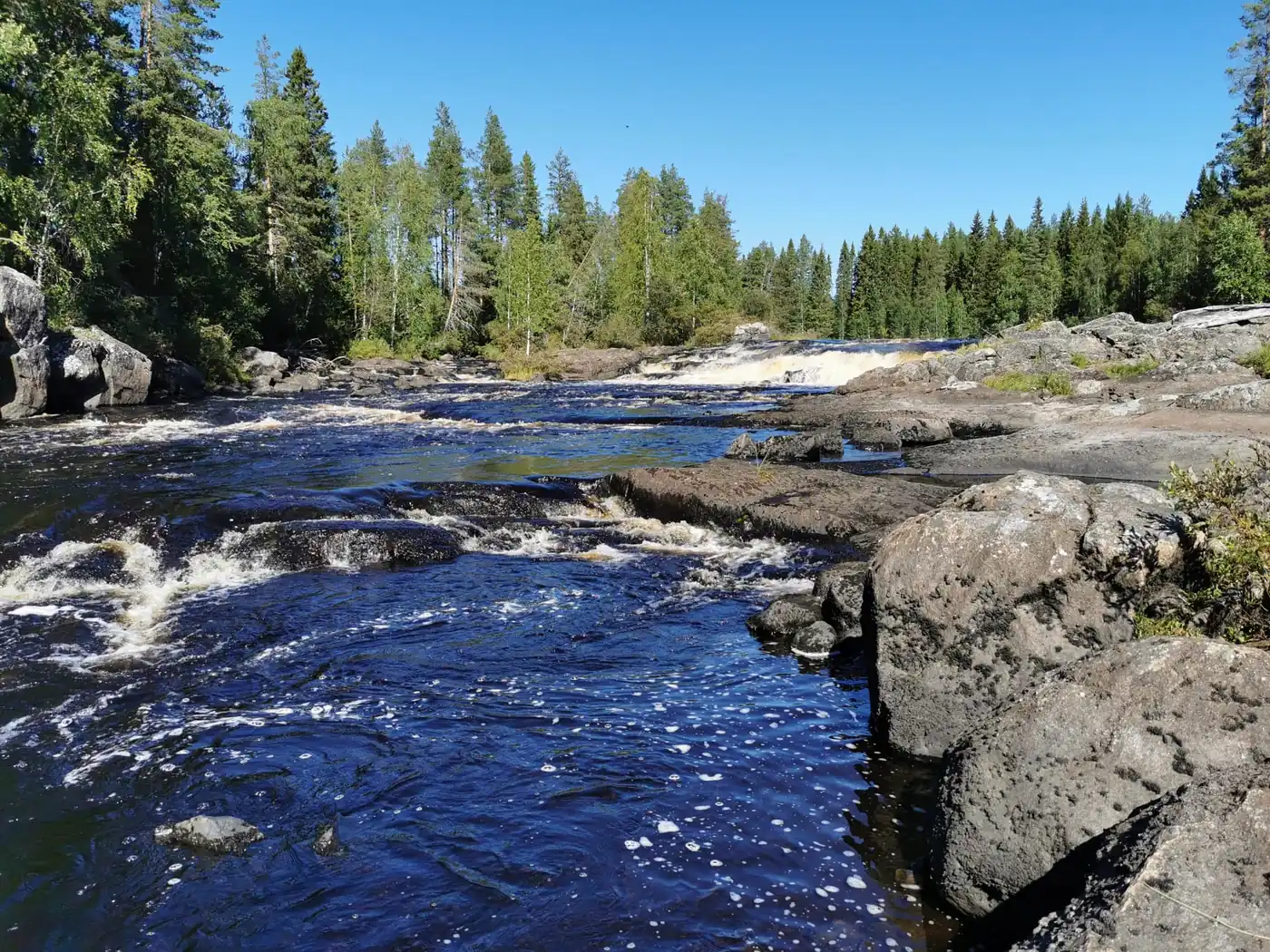 Rivière aux eaux vives serpentant entre rochers et forêt verte sous un ciel d'été